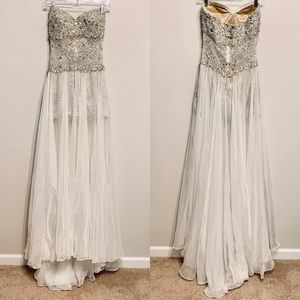 Jovani strapless romper gown with a-line overskirt